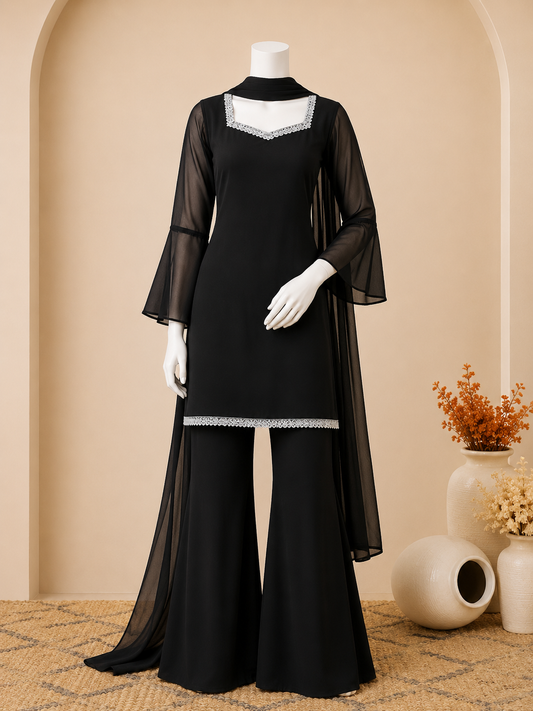 Lace Trim Flared Three-Piece Set