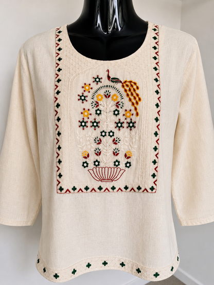 Ivory Hand Embroidered Peacock Garden Kurti