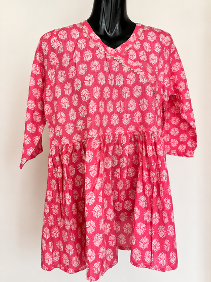 Pink Jaipuri Angrakha Short Kurta