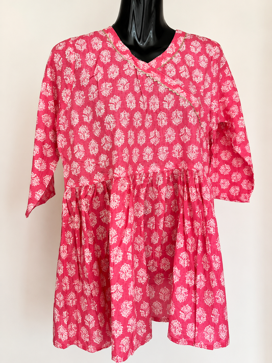 Pink Jaipuri Angrakha Short Kurta