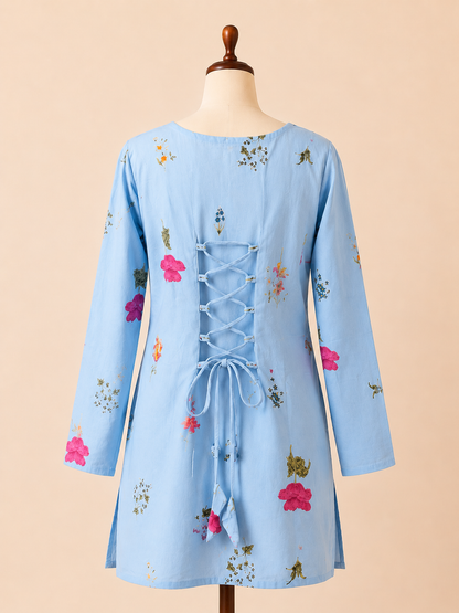 Sky Bloom Corset-Back Short Kurti