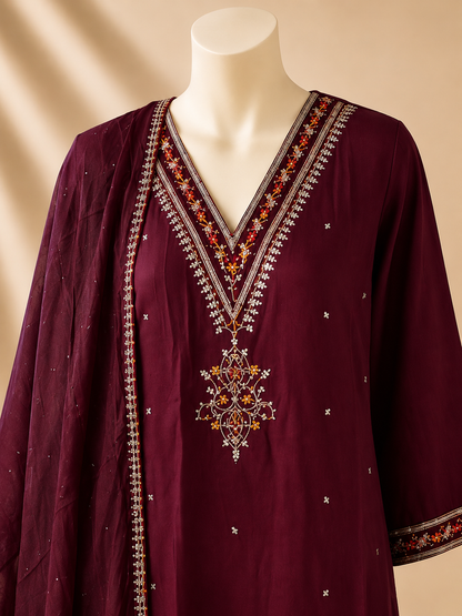 Burgundy Ember Embellished Three-Piece Set