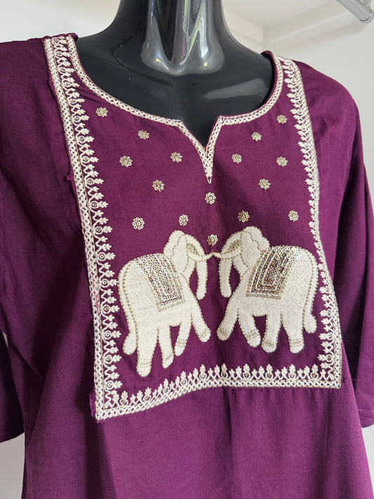 Royal Plum Hand Embroidered Elephant Kurti